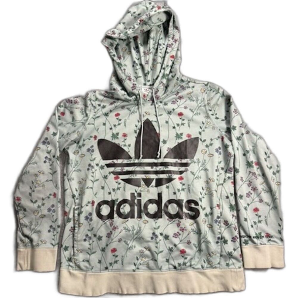 Adidas Originals Floral Hoodie Womens M Sage Green Trefoil Graphic Pullover